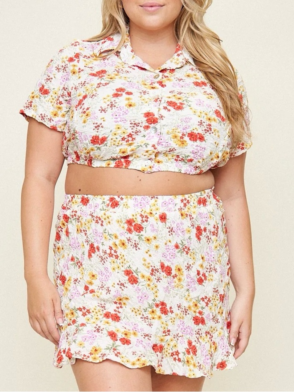 What Lo Wants Rachel Floral Crop-Top & Mini Skirt Set 1X 2X